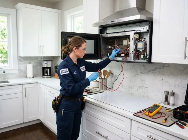 Appliance Repair Hero technician testing an over-the-range microwave in a Acme, WA kitchen